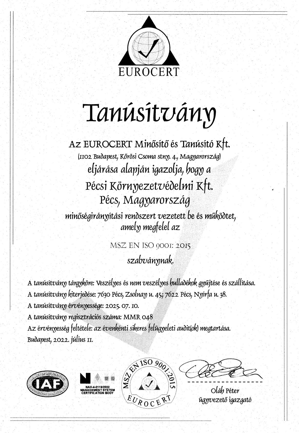 ISO 9001 tanusítvány